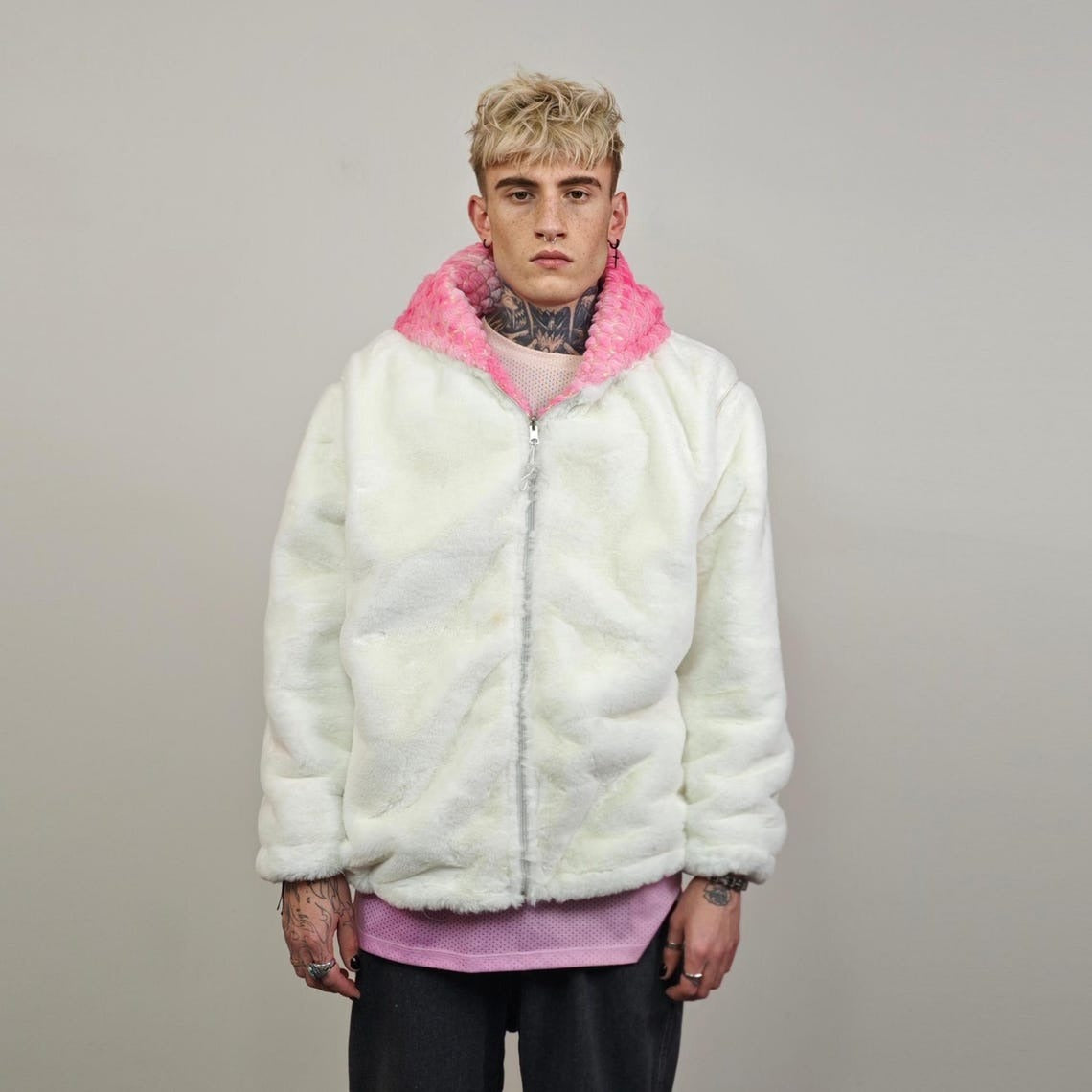 Pink mermaid jacket reversible tiedye fleece hood faux fur bomber retro geometric coat detachable sleeve overcoat fluffy golden festival set