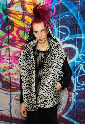 Leopard fleece hooded jacket handmade tie-dye fluffy bomber