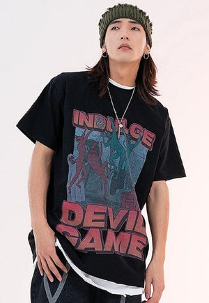 Devil print t-shirt punk tee Gothic game top in grey