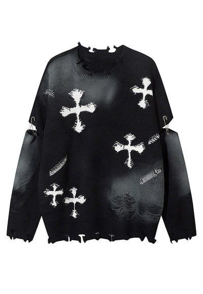 Cross patch sweater grey ripped goth jumper grunge rock top