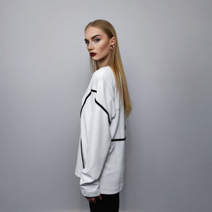 Utility sweatshirt big gorpcore top thin long sleeve contrast jumper asymmetric finish Gothic sweater punk pullover in white