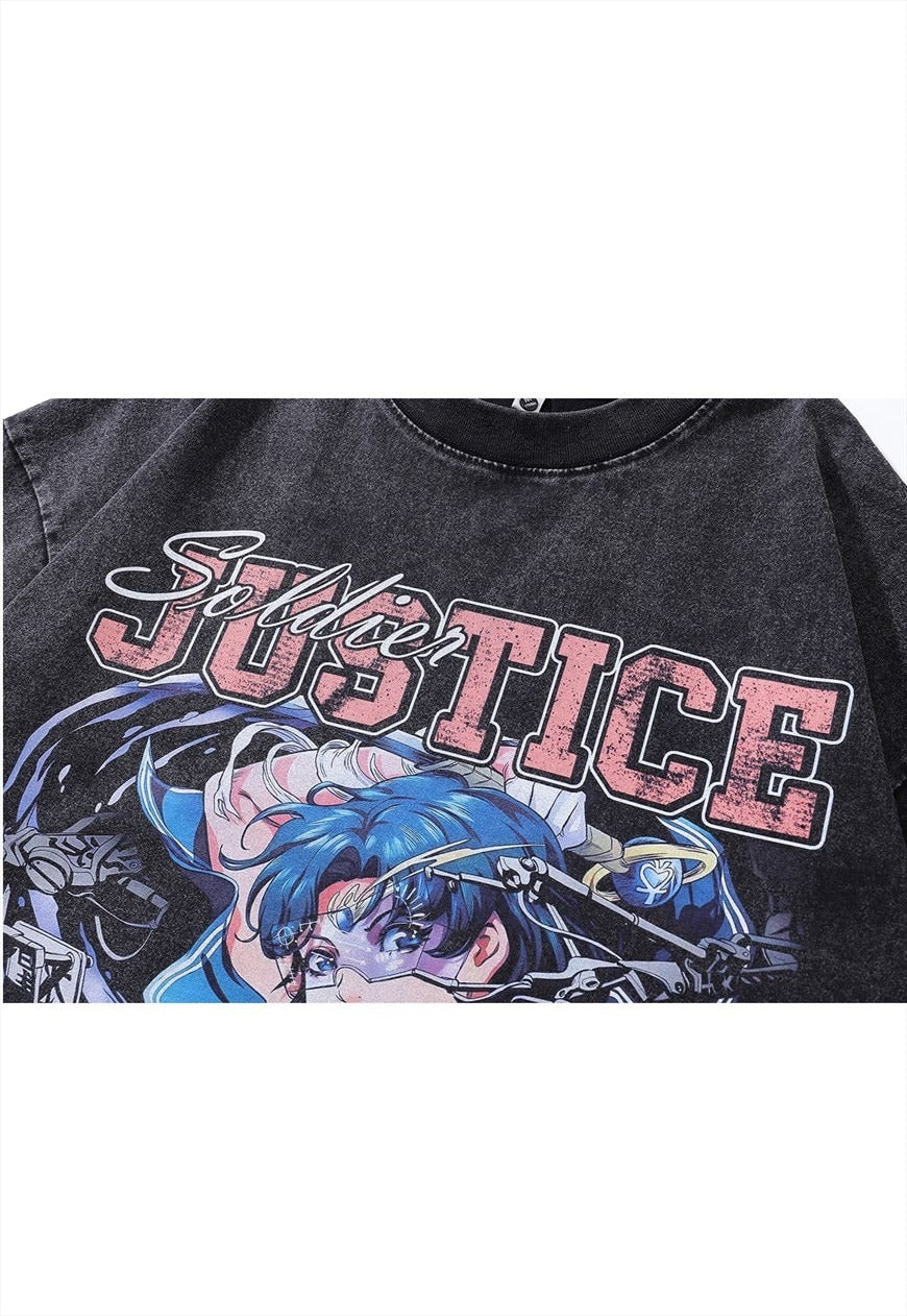 Anime t-shirt print tee retro Japanese top grey