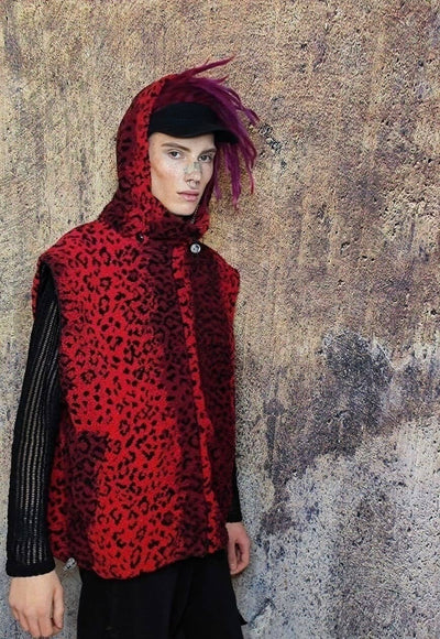 Leopard fleece hooded jacket handmade fluffy animal coat red