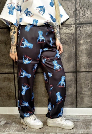 Detachable joggers handmade God print pants in blue