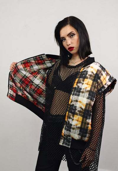 Tartan check varsity jacket red tie-dye reversible bomber