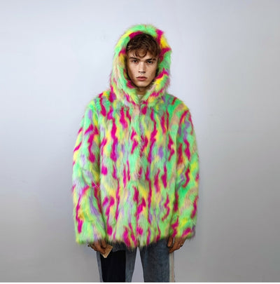 Hooded faux fur jacket psychedelic coat shaggy trench bright raver bomber fluffy fleece festival jacket neon burning man overcoat green pink