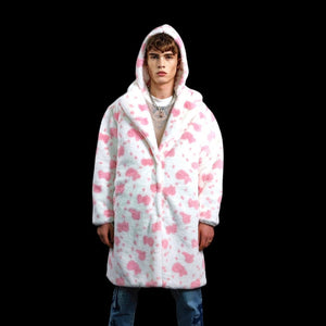 Cow print long coat hooded spot trench fluffy rave bomber detachable fleece festival removable sleeves burning man jacket pastel pink