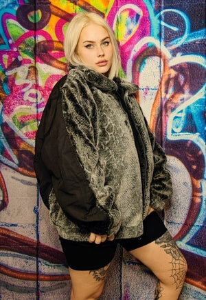 Faux fur aviator jacket handmade snake print bomber in grey