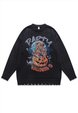 Halloween sweater pumpkin knit distressed jumper in grey