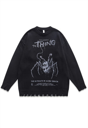 Spider sweater creepy knit distressed horror jumper in beige