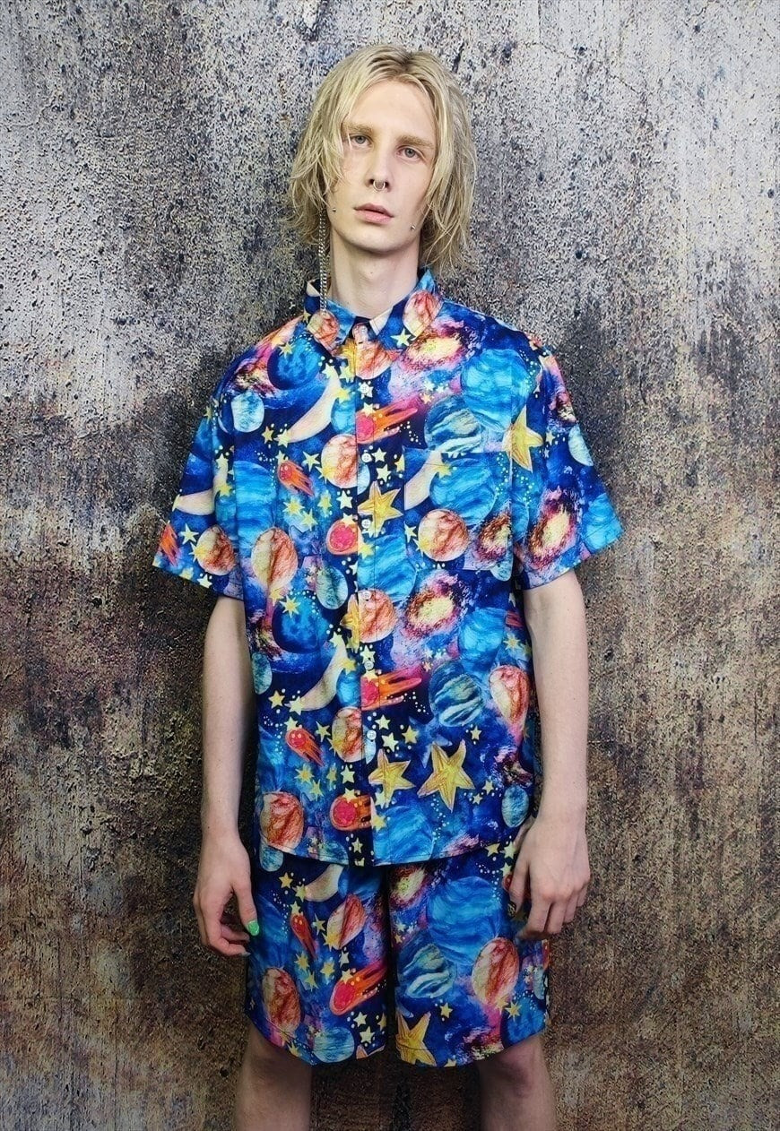 Space shirt night sky print short sleeve top in blue