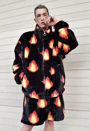 Flame fleece jacket handmade retro fire bomber black orange