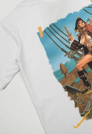 Pirate girl t-shirt old ship tee retro sailor top in white