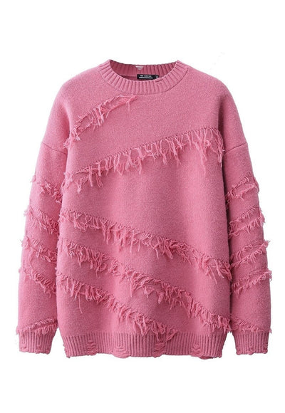 Fringed sweater distressed jumper knit ripped top in pink