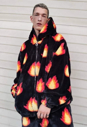Flame fleece jacket hand made fire bolt hood bomber in black