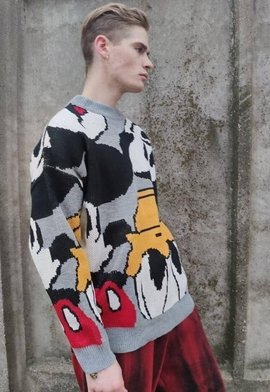 Mouse print knitted sweater cartoon Donald sweatshirt grey