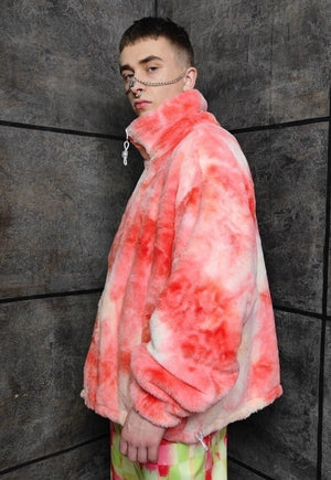 Check fleece jacket handmade reversible tie-dye bomber red