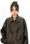 Butterfly patchwork faux leather jacket utility bomber brown