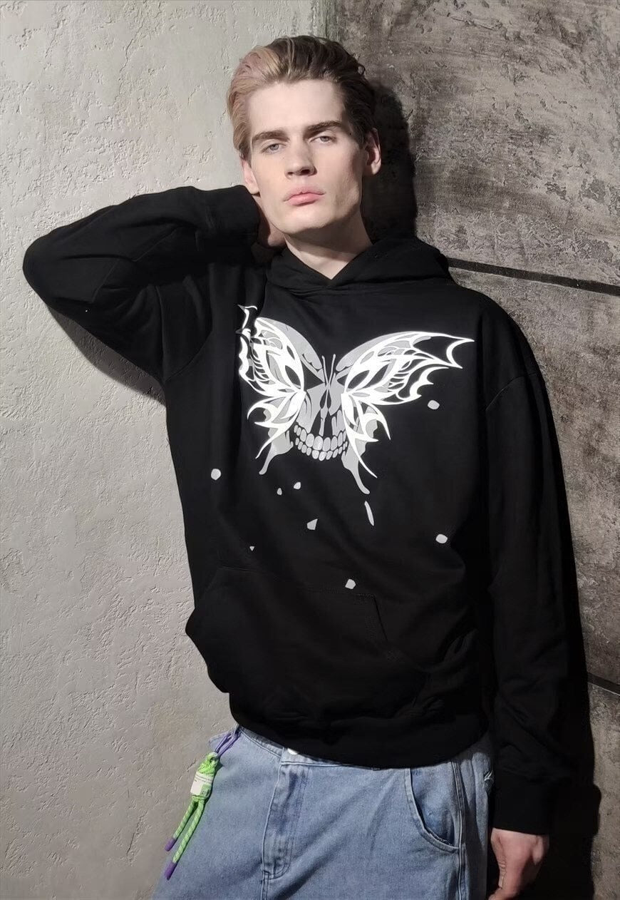 Silver butterfly hoodie metallic skeleton pullover black