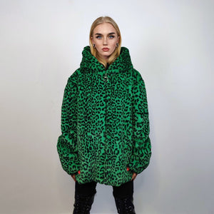 Hooded faux fur leopard jacket animal print bomber bright raver coat fluffy cheetah fleece festival puffer neon burning man overcoat in pink