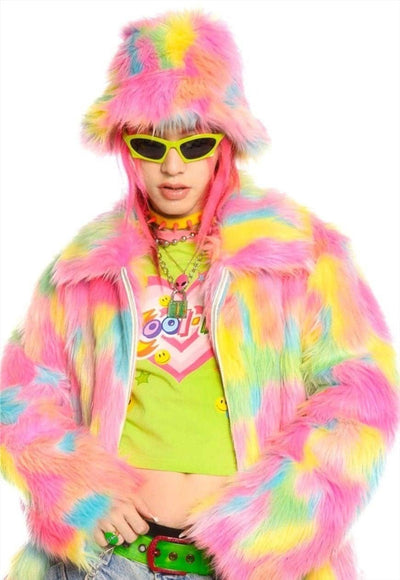 Rainbow bucket hat faux fur fluffy unicorn hat rave cap pink