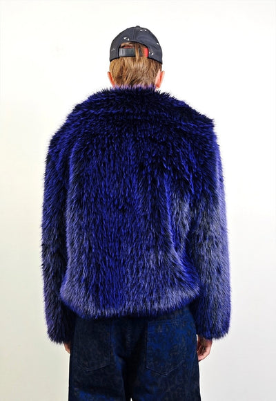 Short shaggy faux fur coat blue cropped fuzzy hair trench