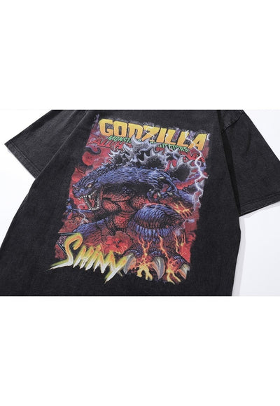 Dragon t-shirt Japanese cartoon tee Godzilla top acid grey