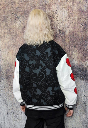 Heart patch varsity jacket faux leather sleeve bomber black