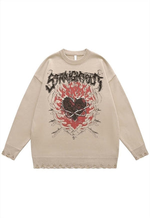 Gothic sweater ripped jumper heart print knitted top black