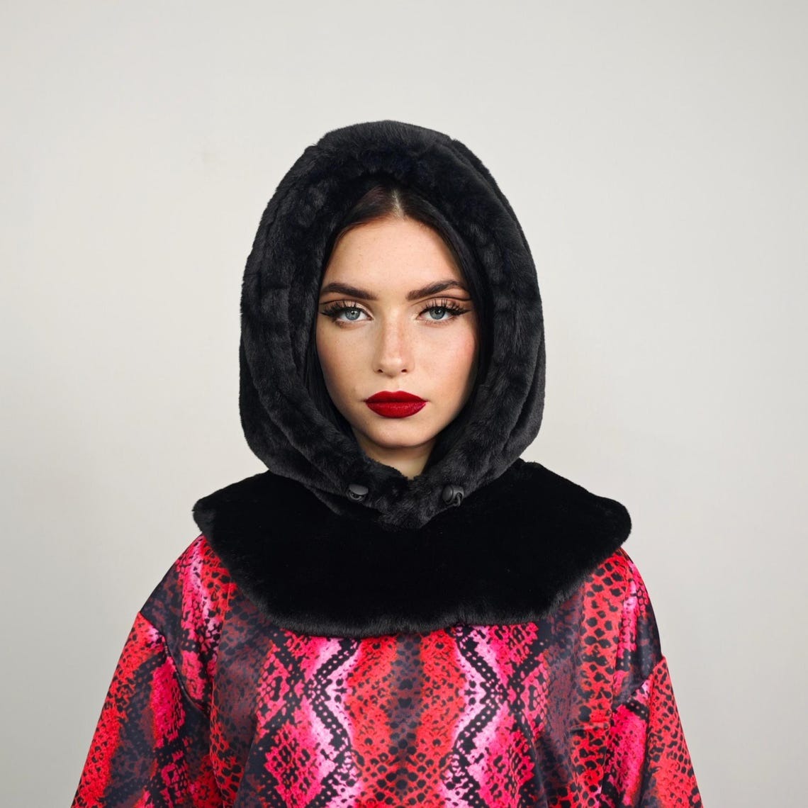 Faux fur hood black snood handmade hooded hat all over fluffy fleece scarf unisex bucket grunge headwear