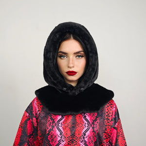 Faux fur hood black snood handmade hooded hat all over fluffy fleece scarf unisex bucket grunge headwear