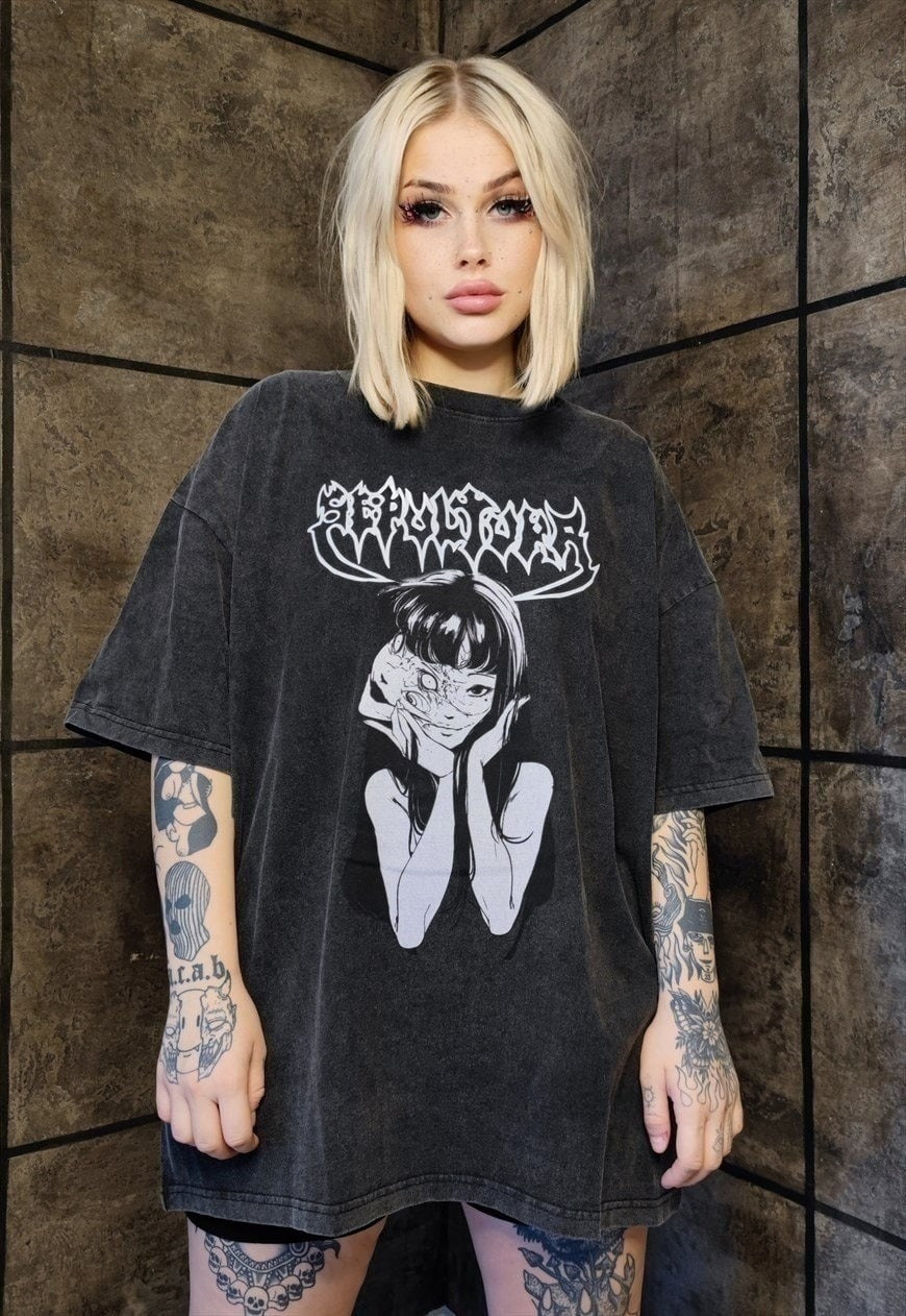 Anime t-shirt premium vintage wash grunge tee in grey