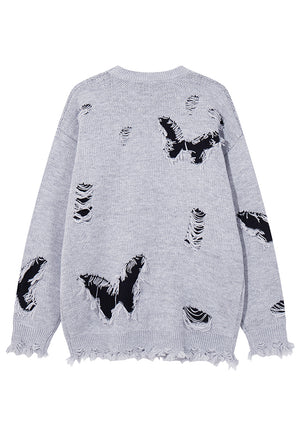 Ripped goth sweater shredded butterfly pattern chain jumper