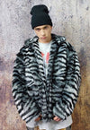 Zebra fleece jacket faux fur stripe fluffy bomber in black