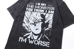 Anime t-shirt monster slogan tee y2k Japanese cartoon top in vintage grey