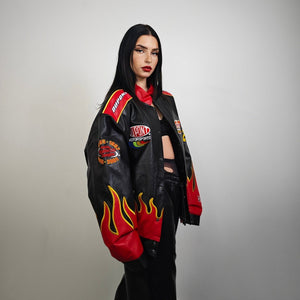 Flame patchwork racing jacket vintage faux leather varsity Japanese style motorsports F1 bomber burning fire embroidered formula one coat