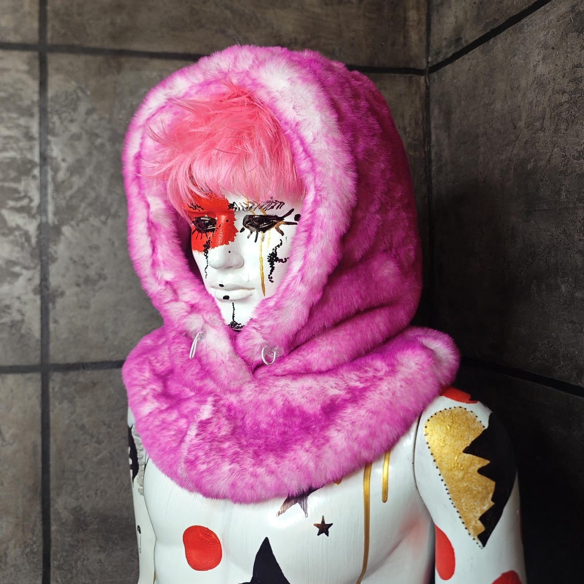 Faux fur hood pink green white snood handmade hooded hat raver cap allover fluffy fleece scarf unisex bucket grunge winter festival headwear