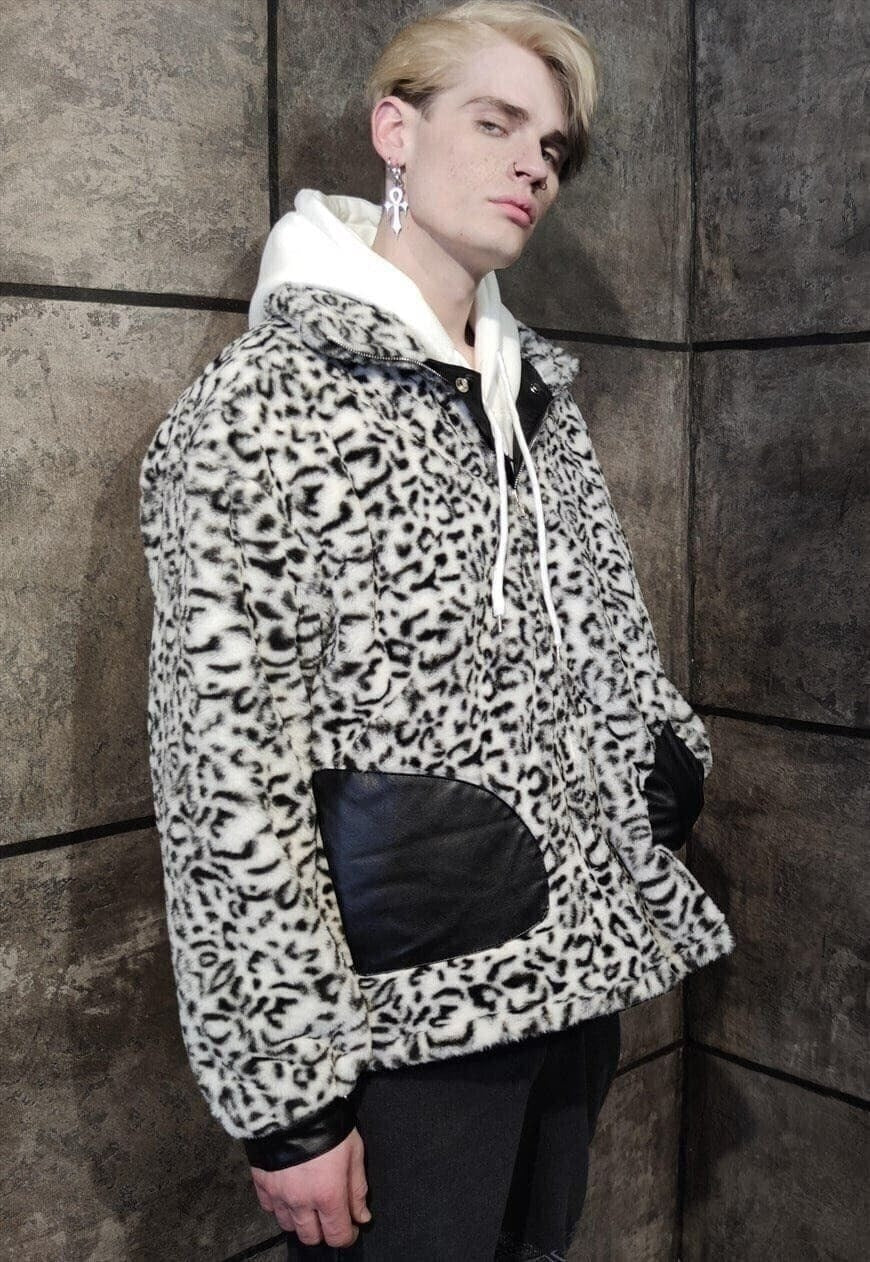 2 Sided leopard fleece jacket faux leather reversible bomber