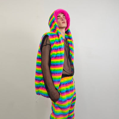 Striped rainbow fleece jacket psychedelic hood festival glitch rave bomber carnival overcoat LGBT jumper gay pride pullover burning man top