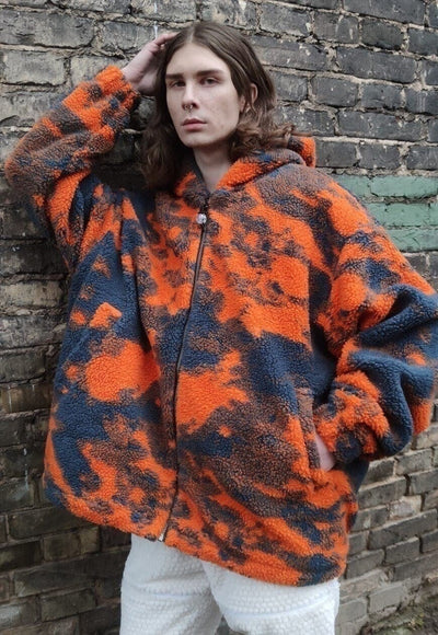 Tie-dye fleece bomber handmade gradient hood jacket orange