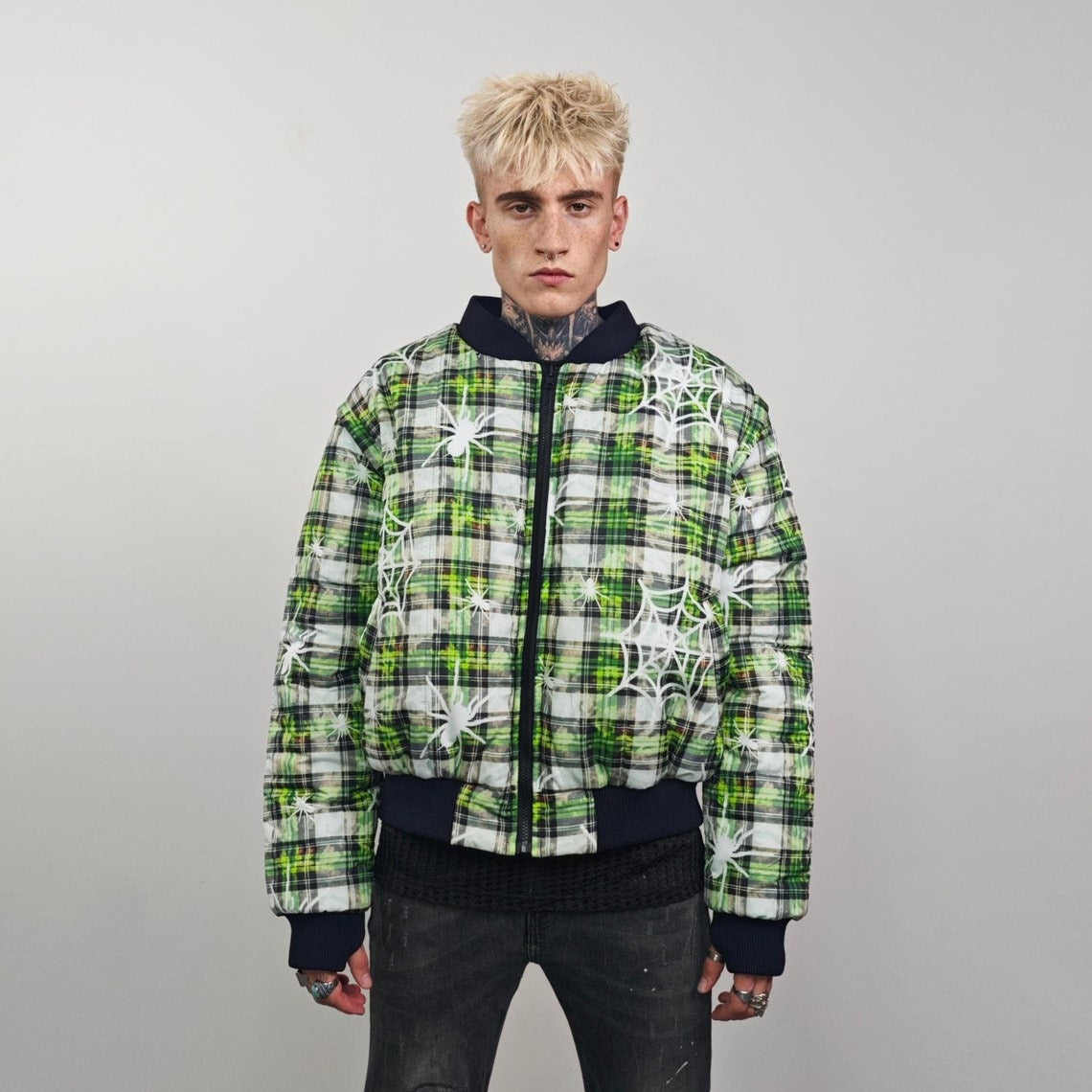 Spider web print bomber green plaid check jacket punk reversible college varsity detachable sleeves handmade creepy grunge tartan coat