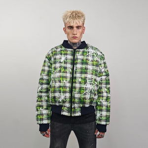 Spider web print bomber green plaid check jacket punk reversible college varsity detachable sleeves handmade creepy grunge tartan coat