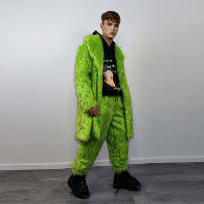 Shaggy faux fur longline coat neon trench bright raver bomber fluffy winter fleece luminous festival jacket burning man fuzzy coat in green