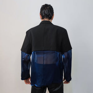 Transparent blazer see-through jacket going out coat fancy dress bomber catwalk blazer sheer glam rocker top satin varsity in blue black