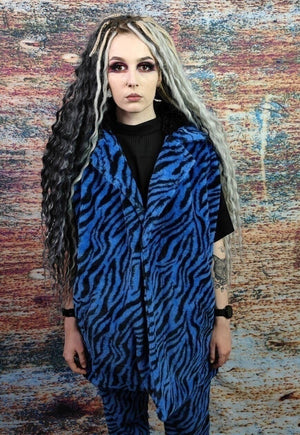 Zebra fleece coat handmade 2in1 stripe trench jacket in blue