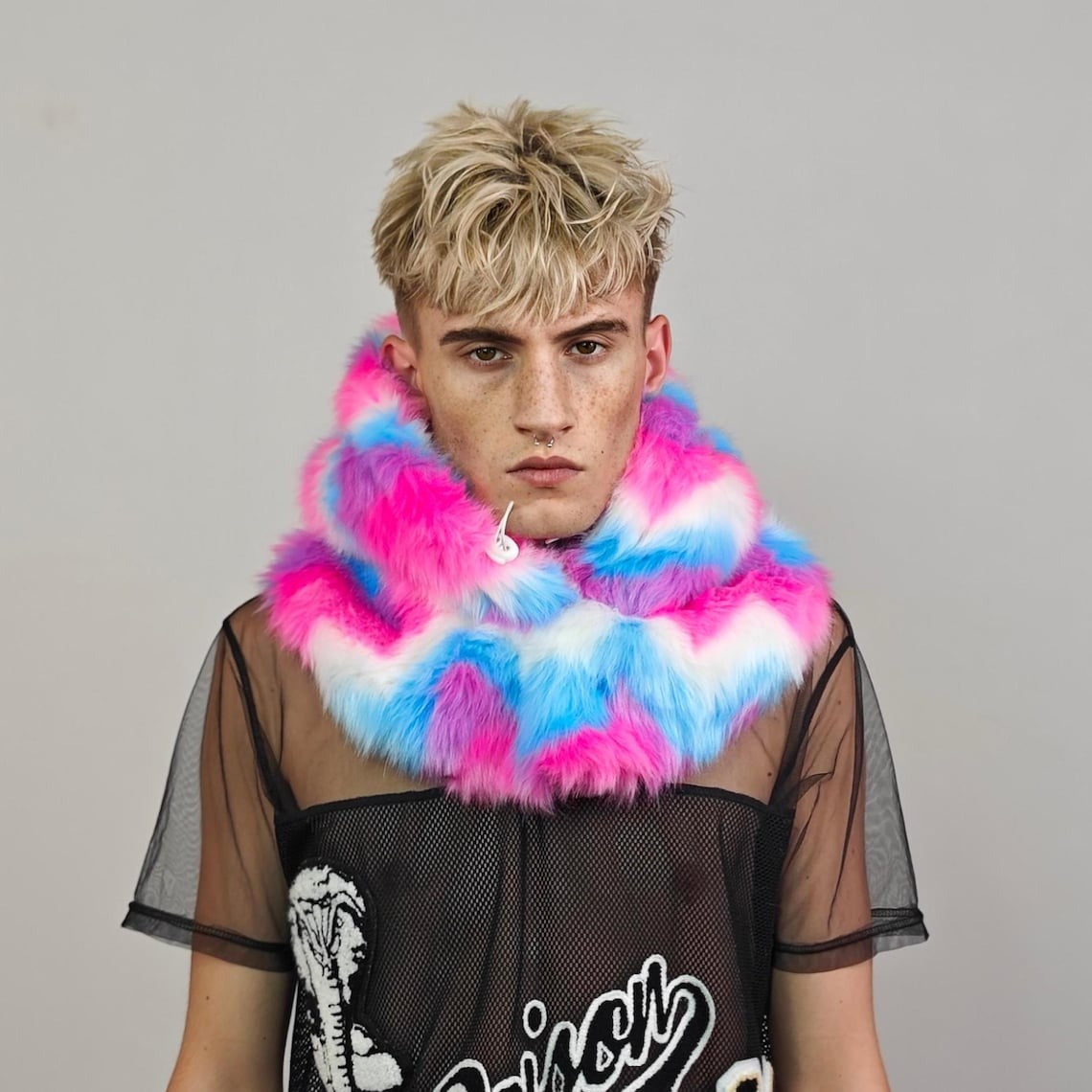 Pink faux fur hood rainbow snood handmade hooded party hat all over fluffy rave fleece scarf burning man striped bucket unicorn headwear