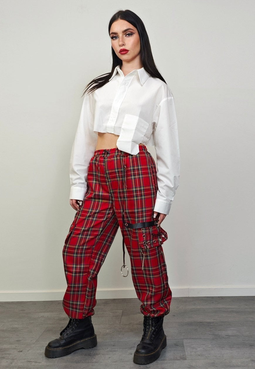 Punk trousers red check tartan pants utility plaid joggers