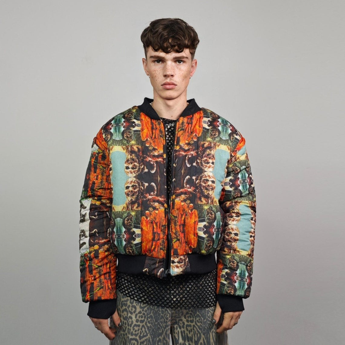 Zombie print bomber horror fan jacket creepy reversible college varsity detachable sleeves handmade tartan grunge punk coat