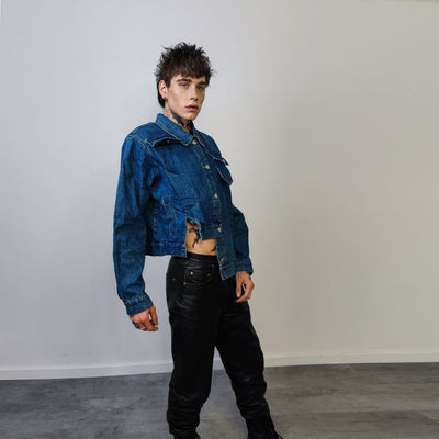 Asymmetric denim jacket reworked grunge jean bomber stitched raver coat unisex premium biker jacket skater top in blue