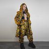 Tiger fur coat striped pattern longline trench glam rocker overcoat animal print bomber festival jacket customizable zebra peacoat in yellow